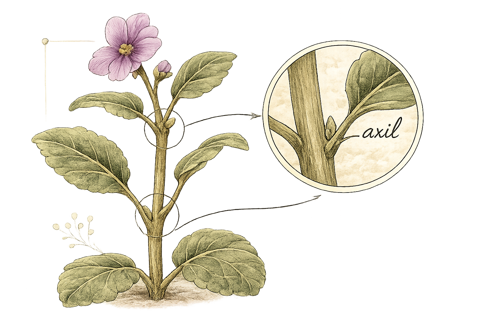 Botanical illustration pointing out the axil of a plant
